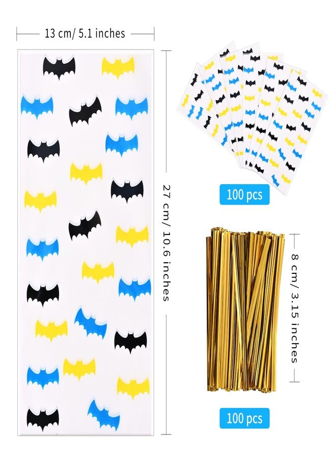 Lecpeting 100 Pcs Bat Treat Bags Bat Print Cellophane Candy Bags Hero Party Favor with Twist Ties for Kids Hero Theme Birthday Party Supplies - Image 2